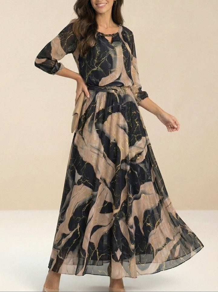 Elegant Black Marble Print Maxi Dress for Women with Split Neck Bell Sleeve Belted Autumn Wedding Guest Style