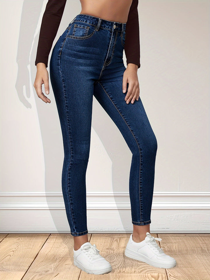 Effortless Blue Relaxed Skinny Jeans for Women with High Waist Slim Fit Ankle Length