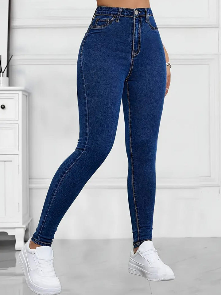 Effortless Dark Blue Relaxed Skinny Jeans for Women with High Waist Slim Fit Stretch Denim