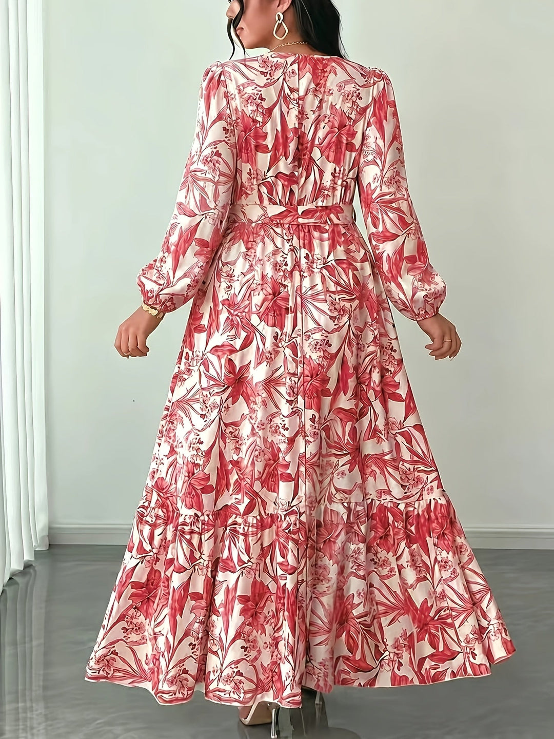 Elegant Floral Long Sleeve Maxi Dress for Women with V Neck Wrap Tie Waist Ruffle Hem Bohemian Style