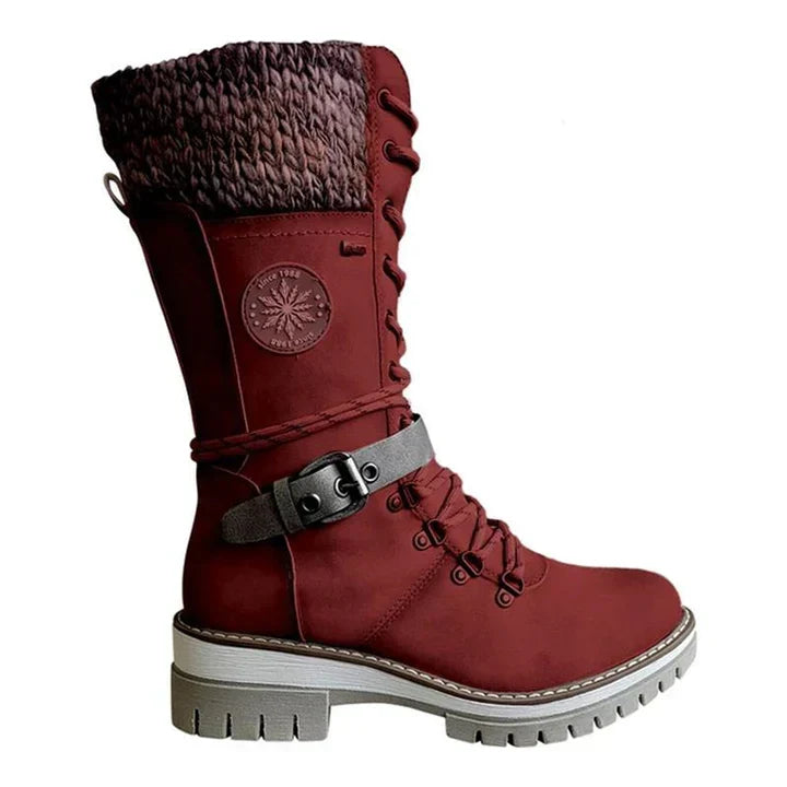 Cozy Knit Cuff Rainproof Boots for Women with Lace Up Buckle Strap Mid Calf Winter Style