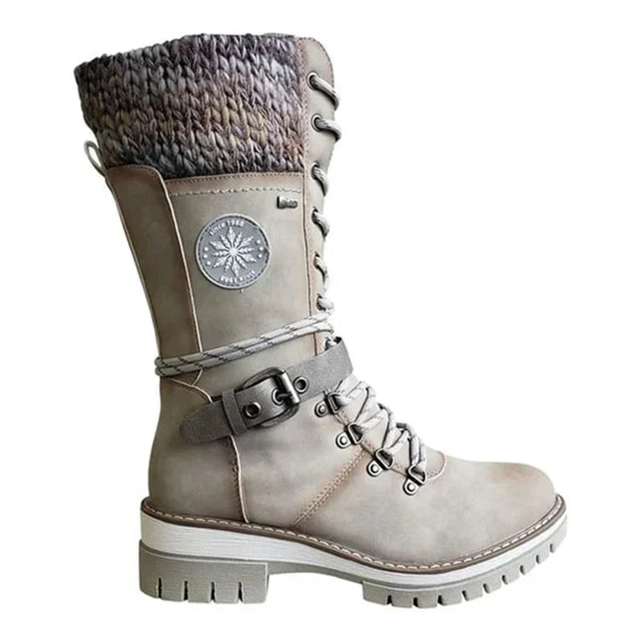 Cozy Knit Cuff Rainproof Boots for Women with Lace Up Buckle Strap Mid Calf Winter Style