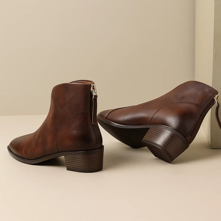 Elegant Leather Ankle Women Boots with Pointed Toe Block Heel Side Zip Style