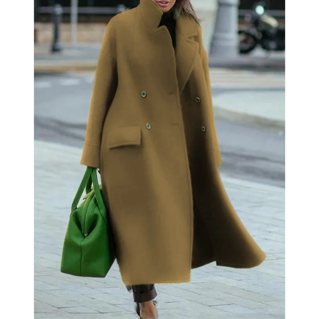 Elegant Wool Trench Coat for Women with Stand Collar Long Sleeve Double Breasted Maxi Style
