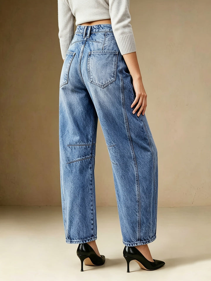 Effortless Relaxed Blue Barrel Jeans for Women with High Waist Seam Detail