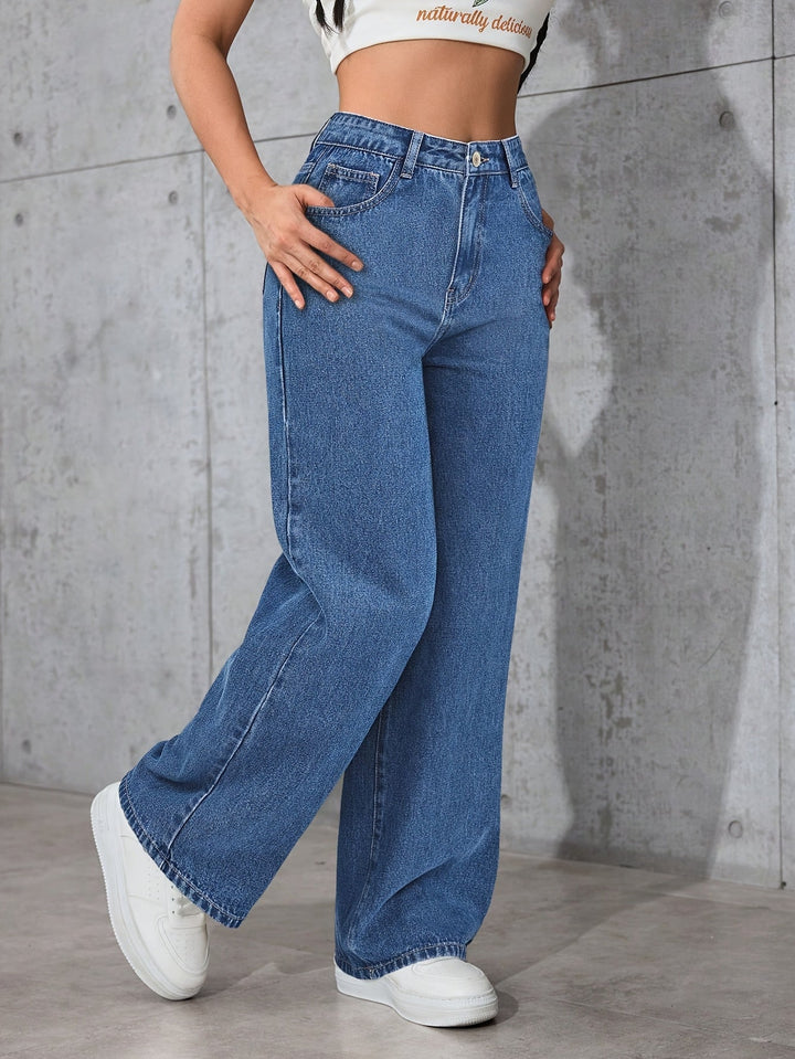 Relaxed Blue Wide Leg Jeans for Women with High Waist Flowing Loose Fit Denim Style