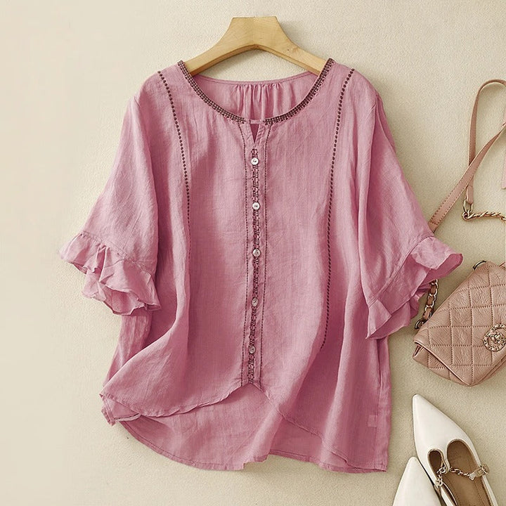 Effortless Embroidered Linen Shirt for Women with V Neck Ruffle Sleeve Button Front Boho Style