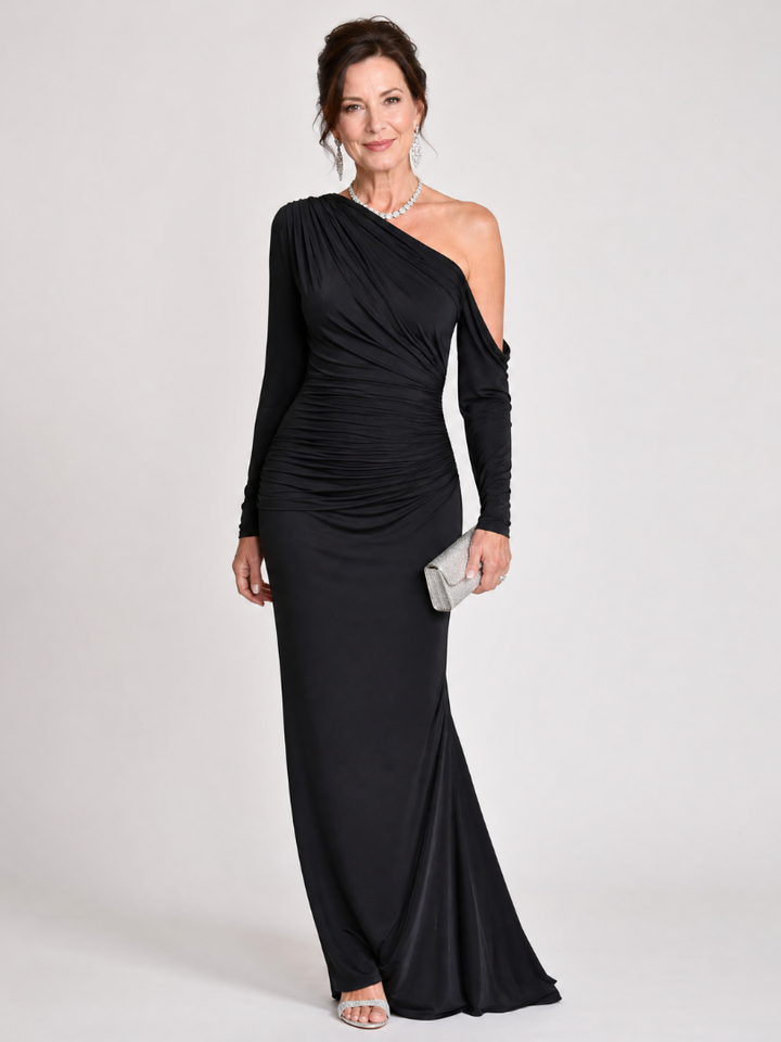 Elegant Black Tie Wedding Guest Dress for Women with One Shoulder Long Sleeve Ruched Fitted Formal Wedding Guest Style