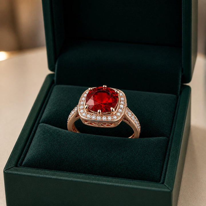 Sophisticated Ruby Halo Gold Ring