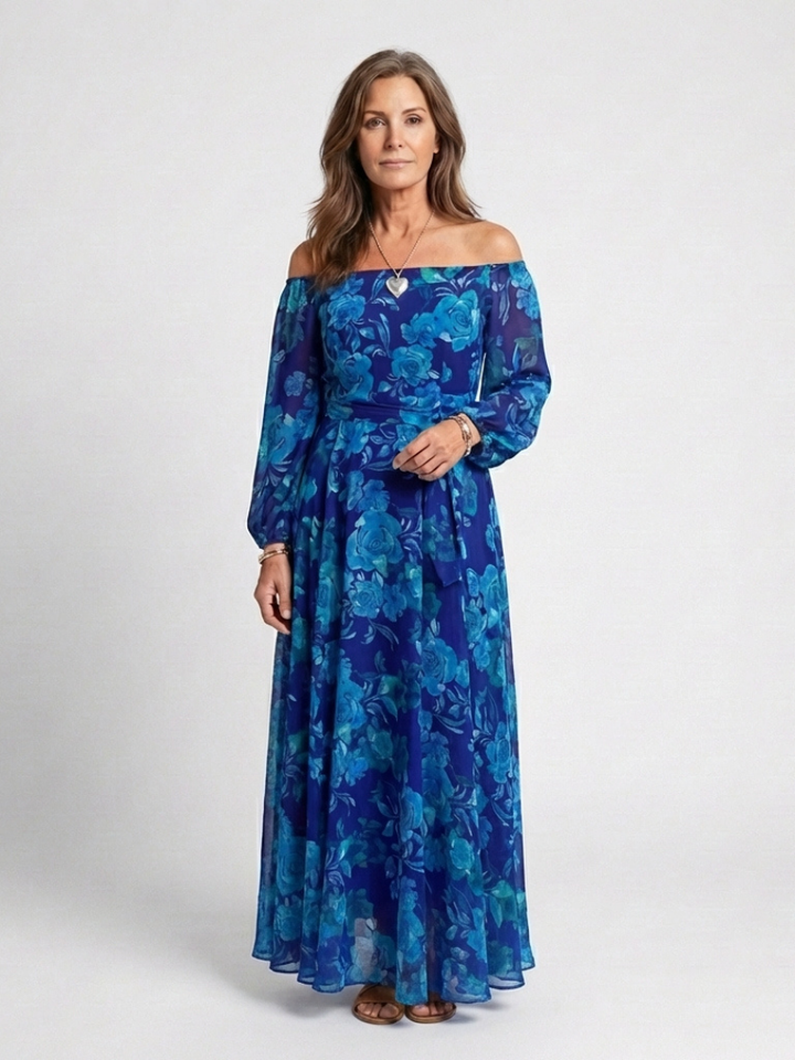Elegant Blue Floral Fall Wedding Guest Dress for Women with Off Shoulder Long Sleeve Sash Tie Flowing Style