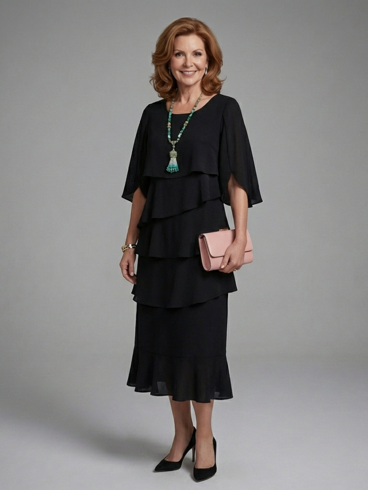 Elegant Black Tiered Fall Wedding Guest Dress for Women with Round Neck Flutter Sleeve Ruffle Hem Flowing Style
