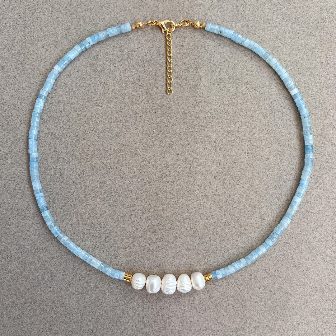 Minimal Aquamarine Turquoise and Pearl Necklace