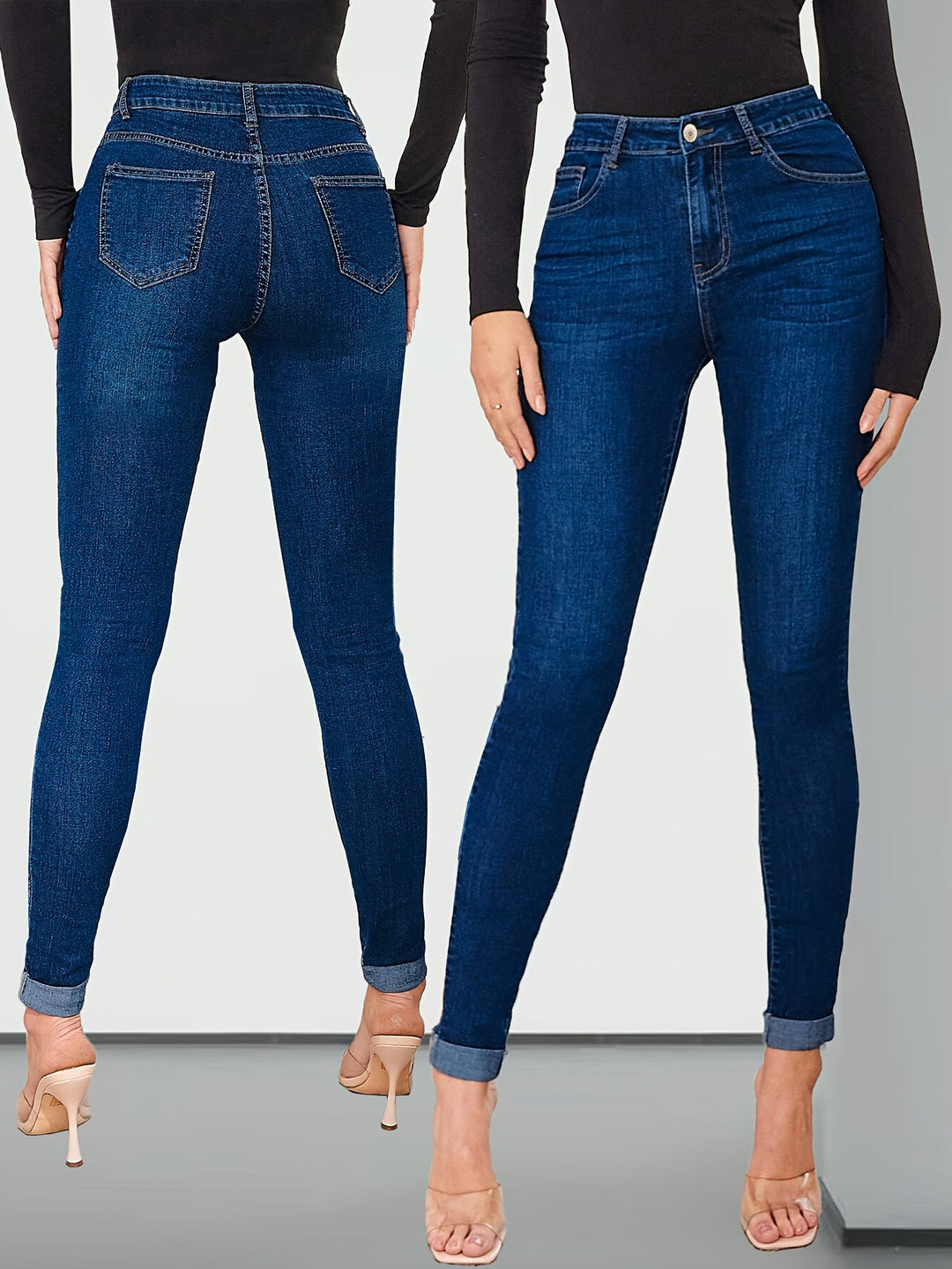 Effortless Medium Blue Relaxed Skinny Jeans for Women with High Waist Cuffed Ankle Stretch Denim