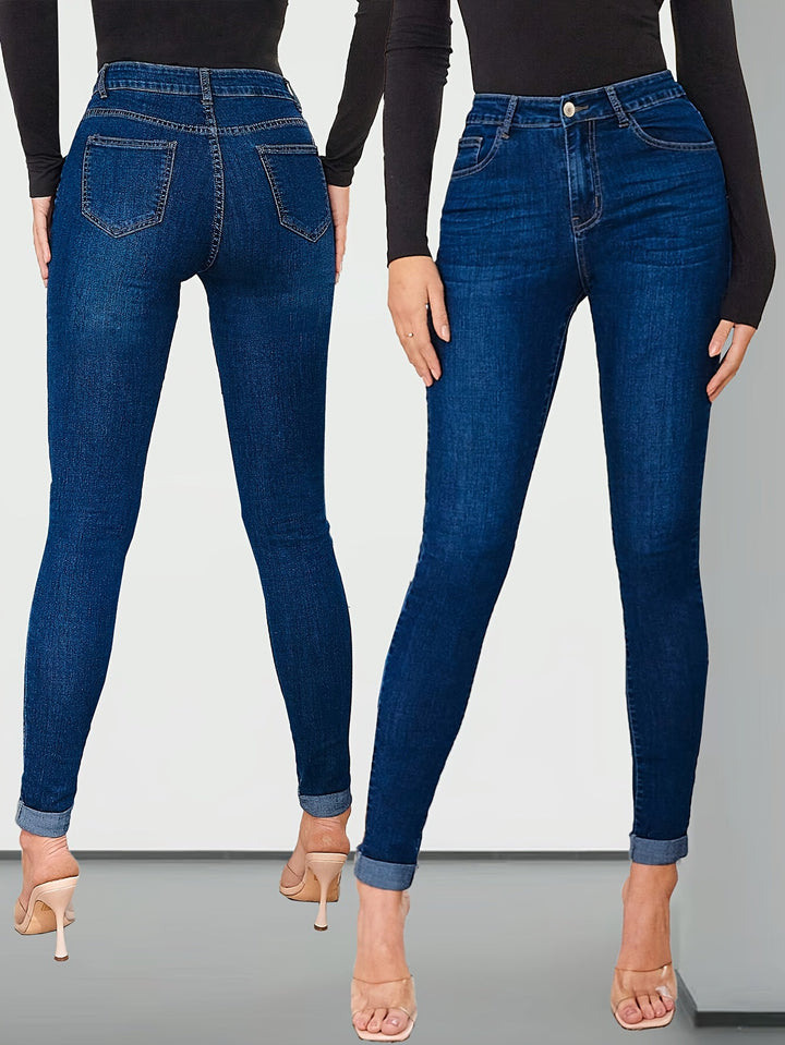 Effortless Medium Blue Relaxed Skinny Jeans for Women with High Waist Cuffed Ankle Stretch Denim