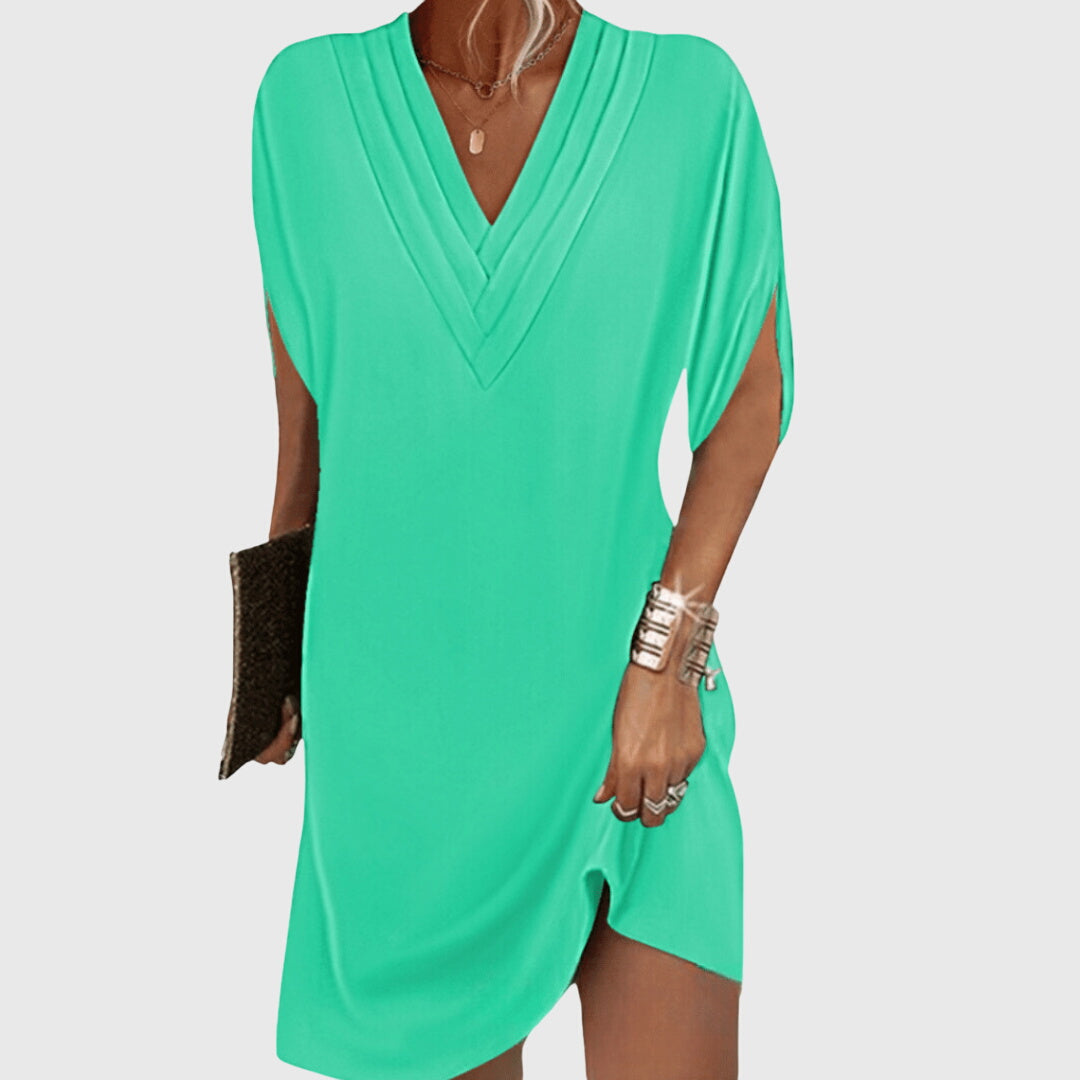 Effortless V Neck Mini Dress for Women with Short Sleeve Draped Cocoon Relaxed Style