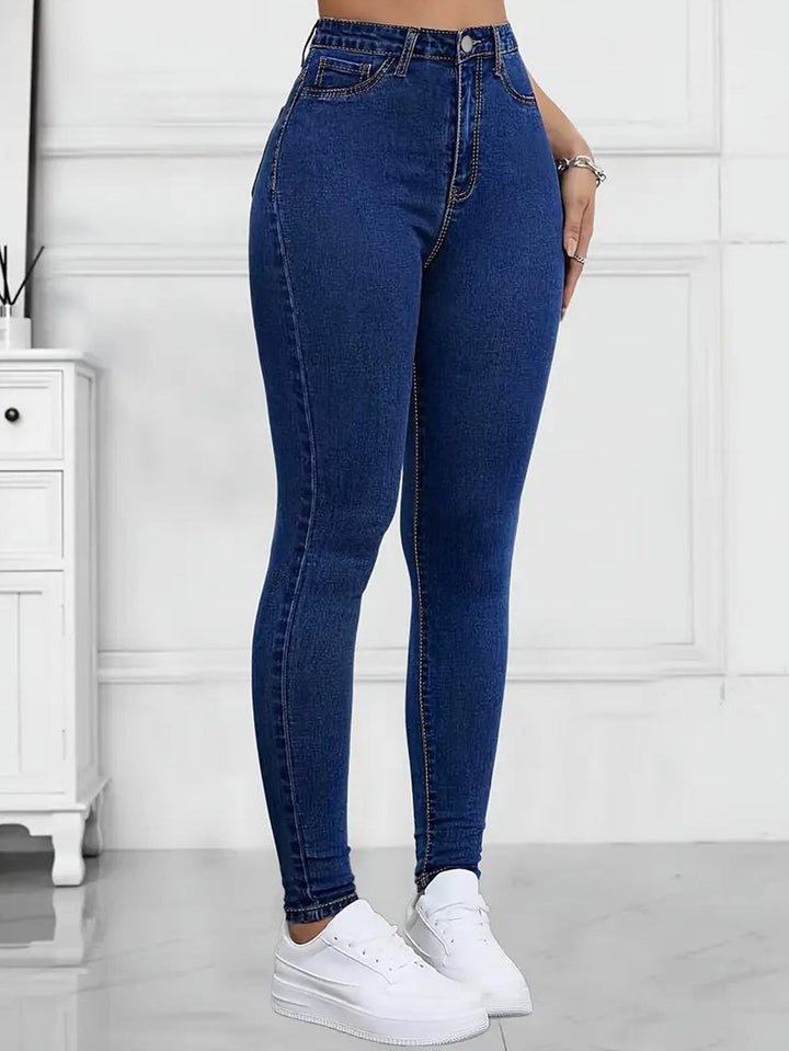 Effortless Dark Blue Relaxed Skinny Jeans for Women with High Waist Slim Fit Stretch Denim