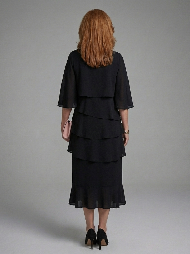 Elegant Black Tiered Fall Wedding Guest Dress for Women with Round Neck Flutter Sleeve Ruffle Hem Flowing Style