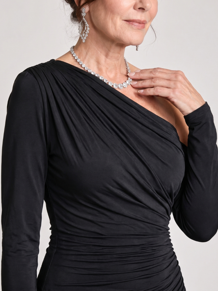 Elegant Black Tie Dress for Women with One Shoulder Long Sleeve Ruched Fitted Formal Wedding Guest Style