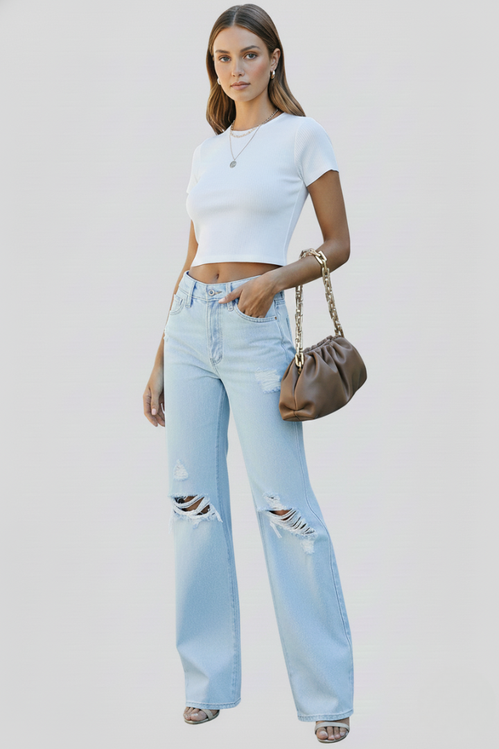 Effortless Relaxed Light Blue High Waisted Jeans for Women with Distressed Straight Style