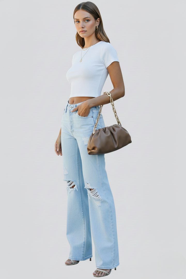 Effortless Relaxed Light Blue High Waisted Jeans for Women with Distressed Straight Style