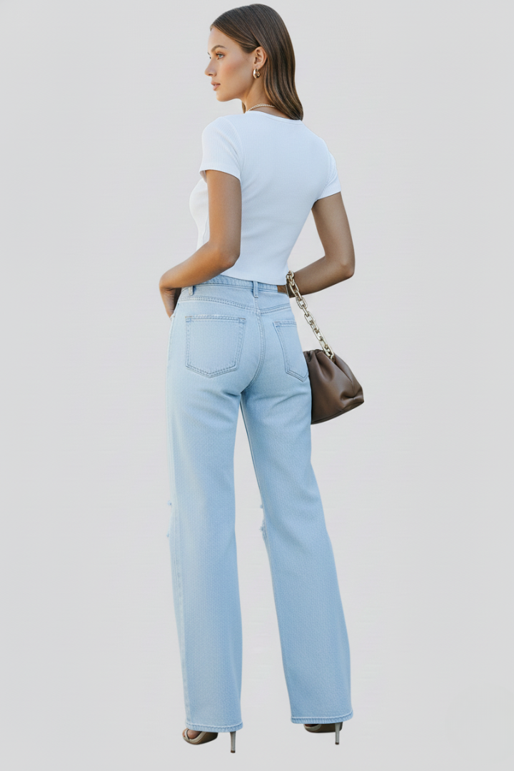 Effortless Relaxed Light Blue High Waisted Jeans for Women with Distressed Straight Style