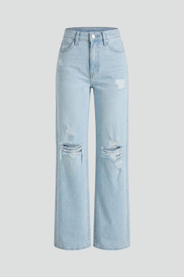 Effortless Relaxed Light Blue High Waisted Jeans for Women with Distressed Straight Style