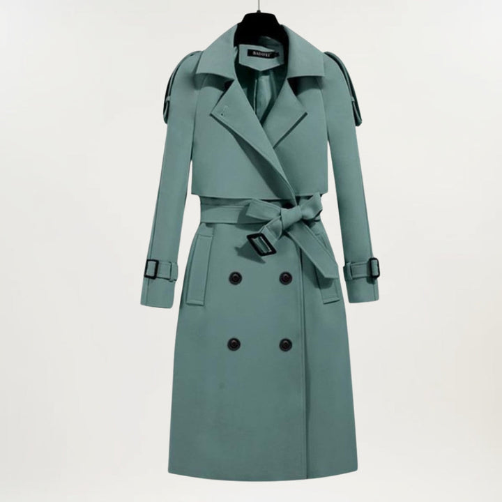 Elegant Longline Trench Coat for Women with Lapel Collar Long Sleeve Belted Double Breasted Style