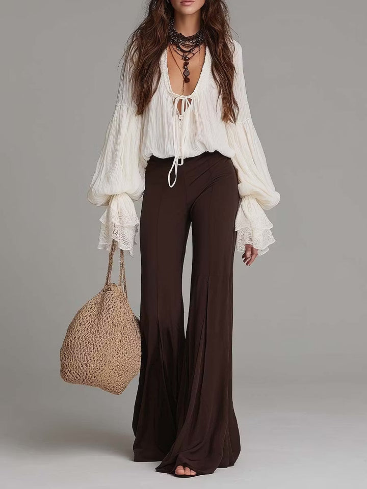 Effortless Two Piece Set for Women with Lace Up Blouse Wide Leg Flare Pants Boho Style