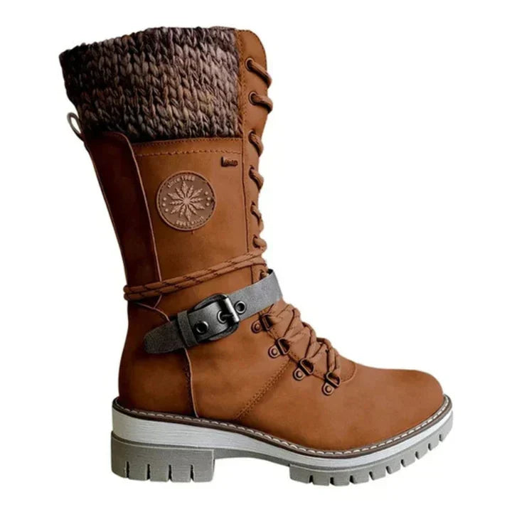 Cozy Knit Cuff Rainproof Boots for Women with Lace Up Buckle Strap Mid Calf Winter Style