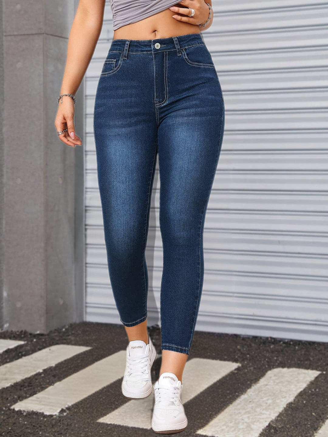 Effortless Blue Relaxed Skinny Jeans for Women with High Waist Slim Fit Stretch Denim
