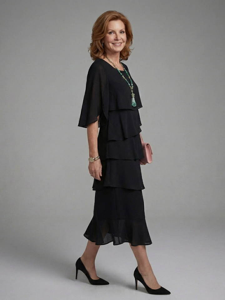 Elegant Black Tiered Fall Wedding Guest Dress for Women with Round Neck Flutter Sleeve Ruffle Hem Flowing Style