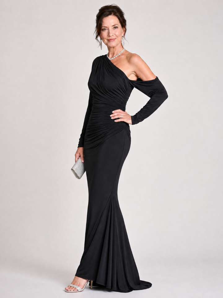 Elegant Black Tie Dress for Women with One Shoulder Long Sleeve Ruched Fitted Formal Wedding Guest Style