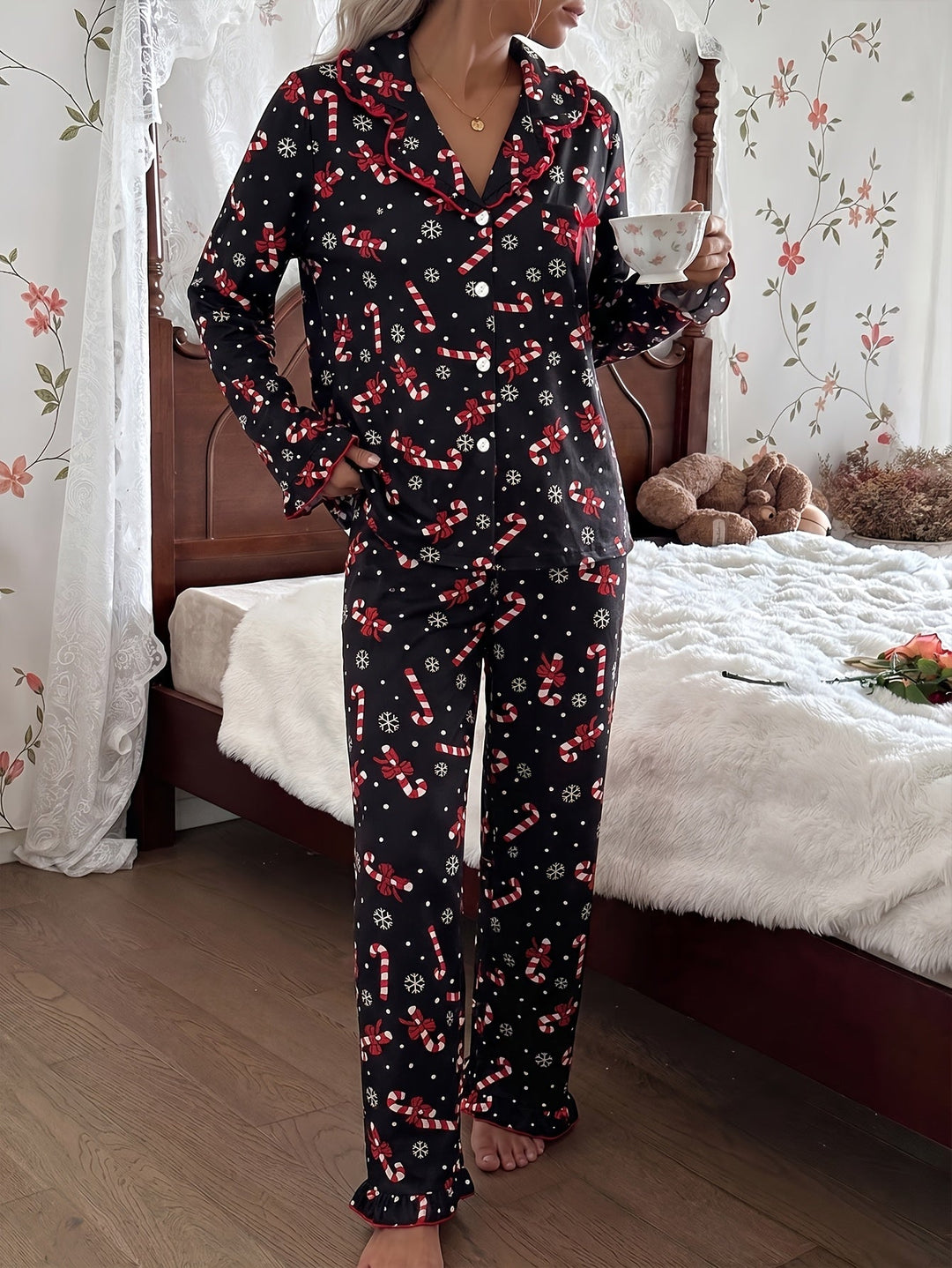 Cozy Black Candy Cane Print Christmas Pajamas for Women with Notch Collar Long Sleeve Ruffle Trim Relaxed Style