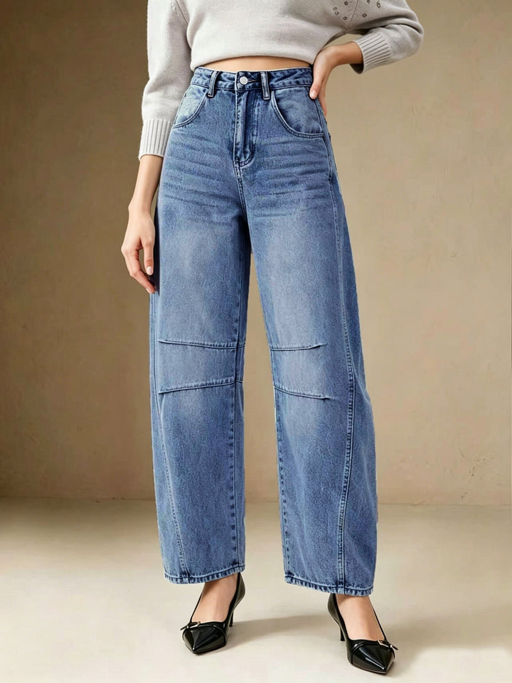 Effortless Relaxed Blue Barrel Jeans for Women with High Waist Seam Detail