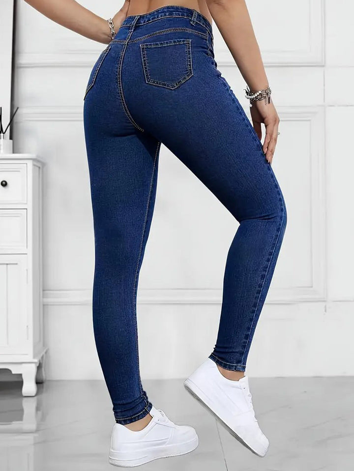 Effortless Dark Blue Relaxed Skinny Jeans for Women with High Waist Slim Fit Stretch Denim