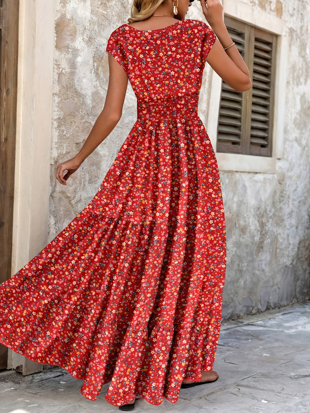 Effortless Floral Boho Dress for Women with V Neck Cap Sleeve Smocked Waist Tiered Flowing Style