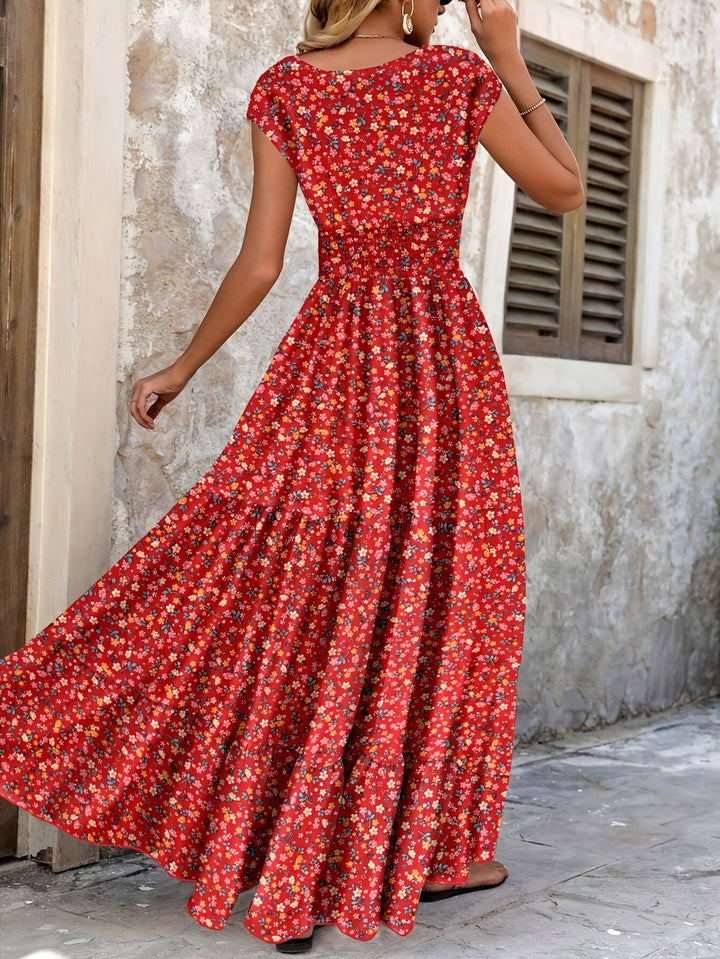 Effortless Floral Boho Dress for Women with V Neck Cap Sleeve Smocked Waist Tiered Flowing Style