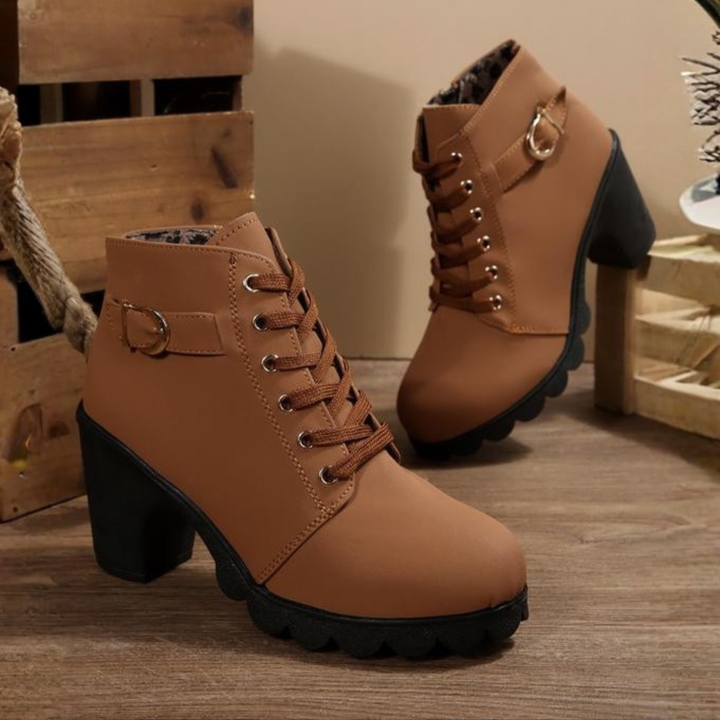 Stylish Suede Lace Up Women Boots with Buckle Strap Chunky Heel Ankle Style