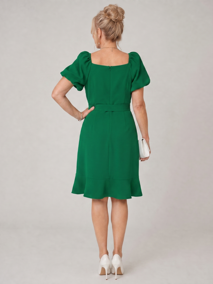 Elegant Green Mini Dress for Women with Square Neck Puff Sleeve Wrap Ruffle Hem Cocktail Style