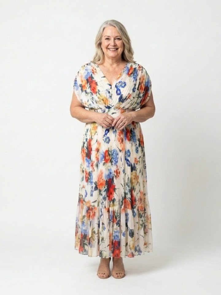 Elegant Ivory Floral Pleated Fall Wedding Guest Dress for Women with V Neck Dolman Sleeve Tiered Ruffle Flowing Style