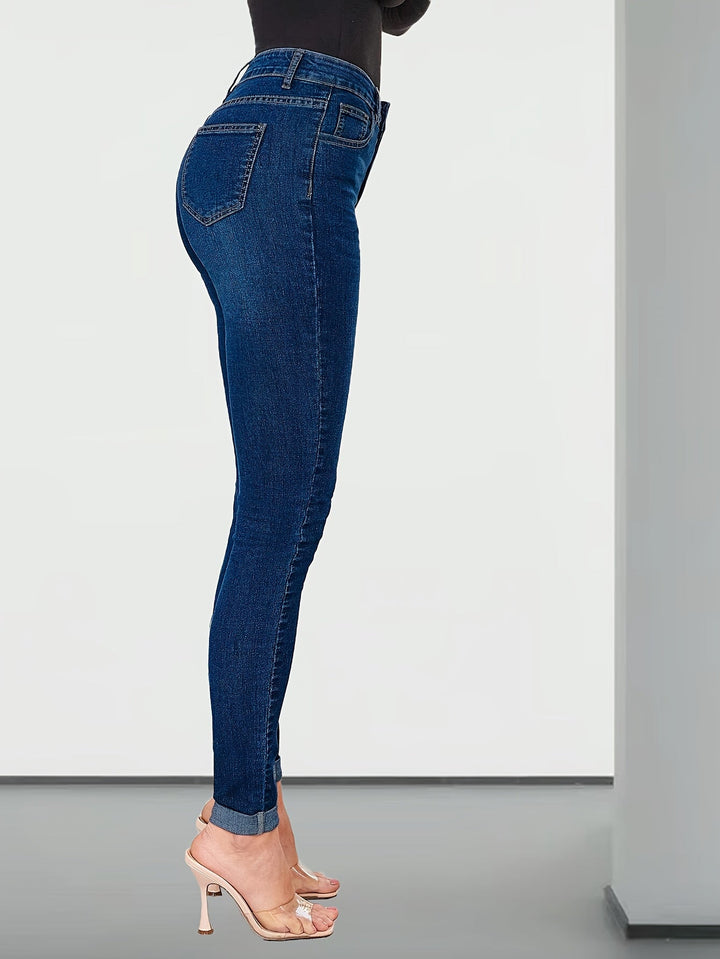 Effortless Medium Blue Relaxed Skinny Jeans for Women with High Waist Cuffed Ankle Stretch Denim