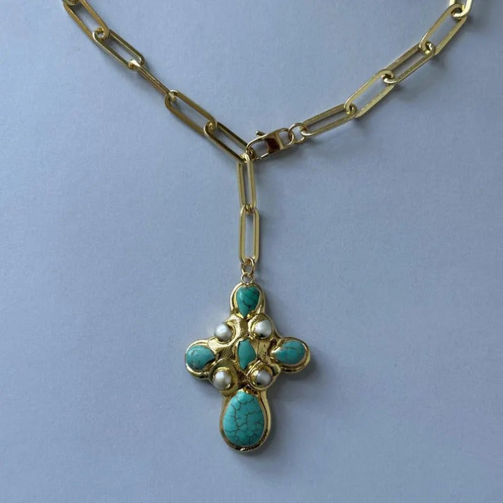 Statement Turquoise Cross Lariat Necklace
