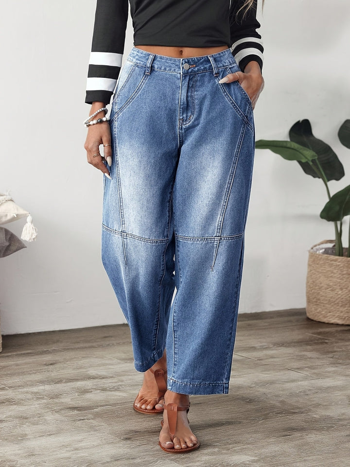 Effortless Blue Relaxed Barrel Jeans for Women with High Waist Seam Detail Faded Wash