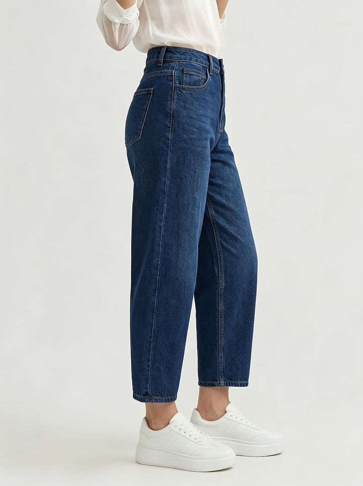 Effortless Deep Blue Relaxed Mom Jeans for Women with High Waist Barrel Leg Tapered Ankle