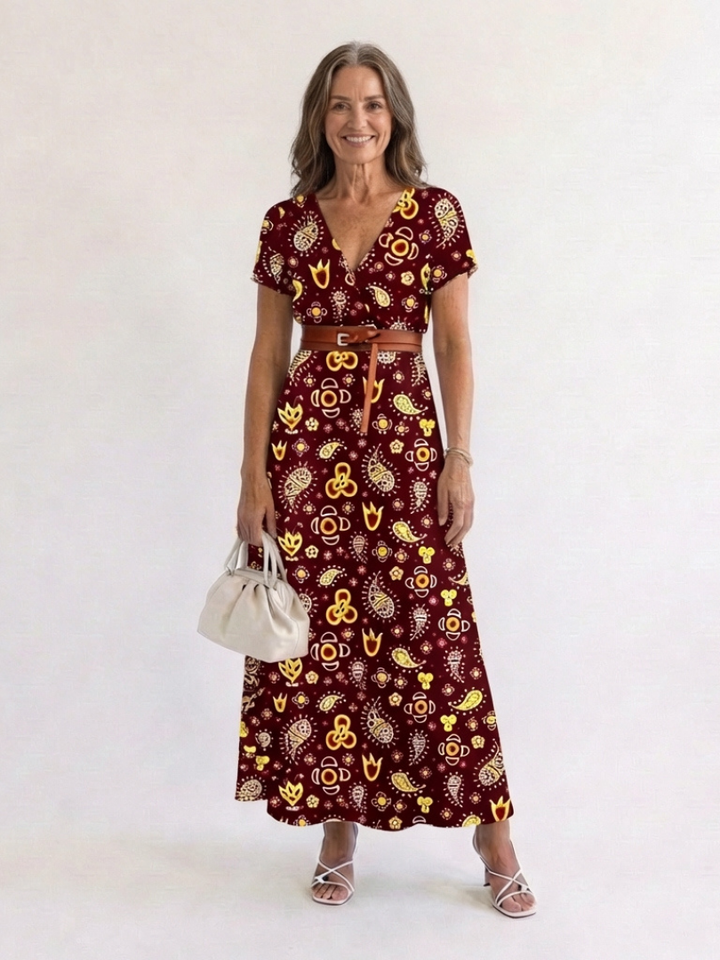 Effortless Floral Mini Dress for Women with V Neck Short Sleeve Belted Flowing Style