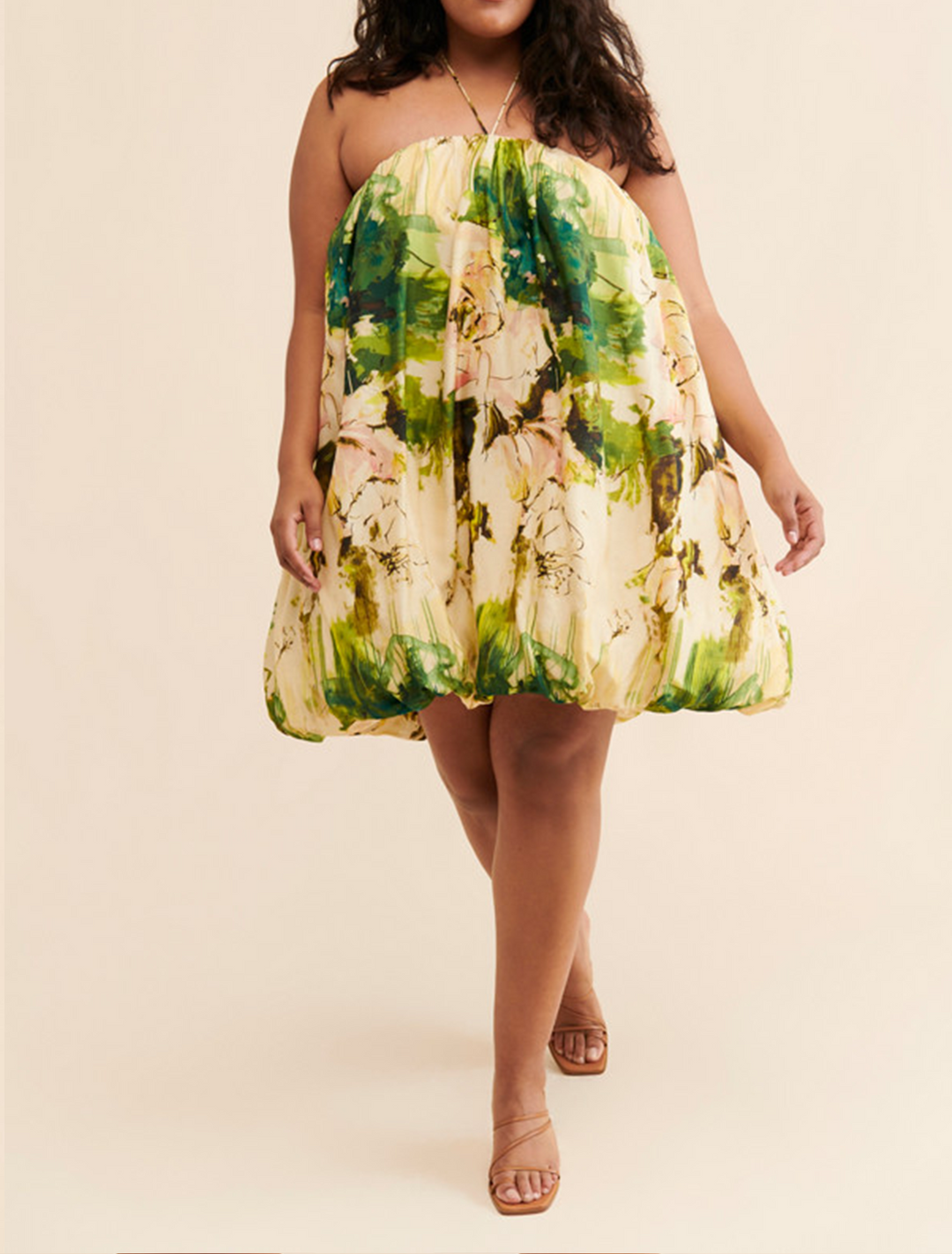 Effortless Green Floral Mini Dress for Women with Halter Neck Bubble Hem