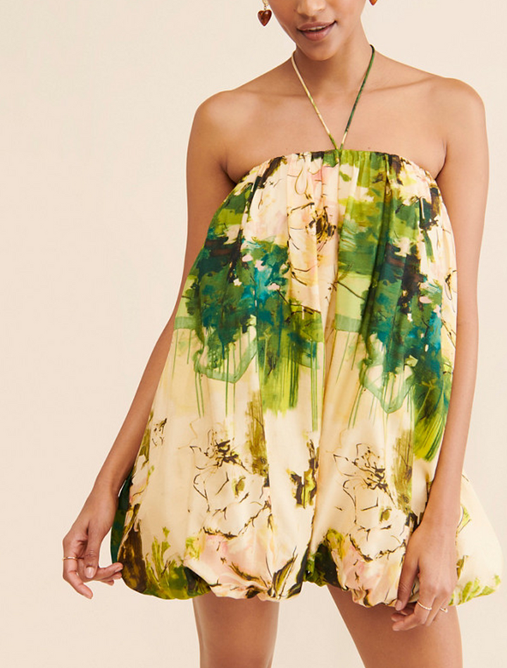 Effortless Green Floral Mini Dress for Women with Halter Neck Bubble Hem
