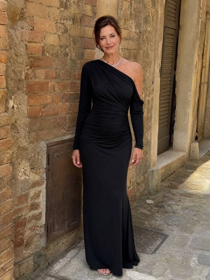 Elegant Black Tie Wedding Guest Dress for Women with One Shoulder Long Sleeve Ruched Fitted Formal Wedding Guest Style