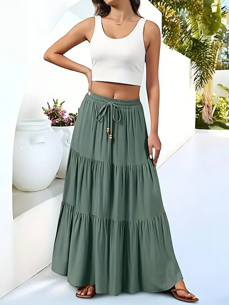 Effortless Tiered Maxi Skirt for Women with Drawstring Waist Ruffle Flowing Bohemian Style