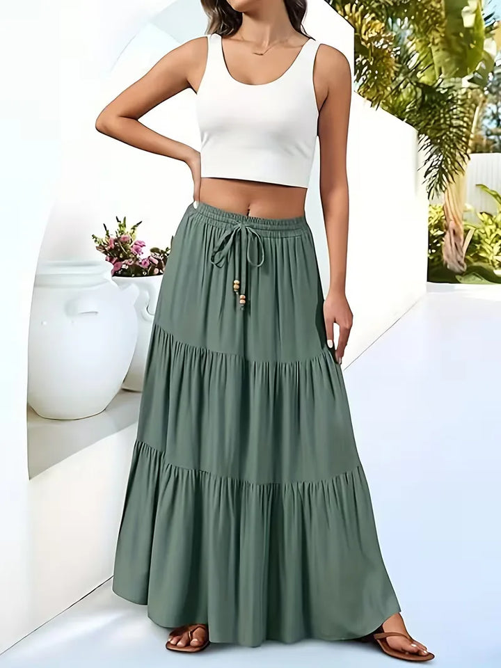Effortless Tiered Maxi Skirt for Women with Drawstring Waist Ruffle Flowing Bohemian Style